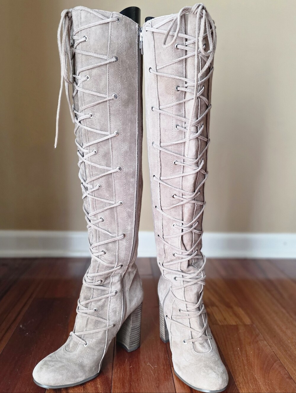 Vince Camuto Thanta Over The Knee Lace Up Suede Boots Tan Taupe Size 8M / EU 38